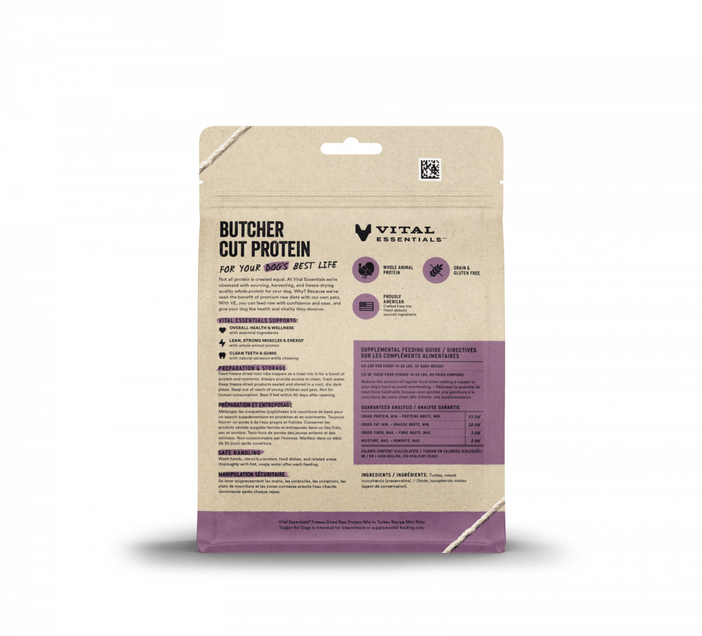 Vital Essentials Freeze Dried Raw Protein Mix In Turkey Recipe Mini Nibs Topper for Dogs